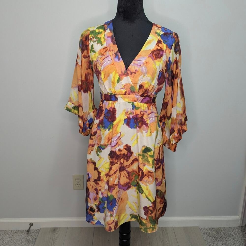 Maeve silk lined floral orange pink sz 0 small sleeved flowy bohemian dress